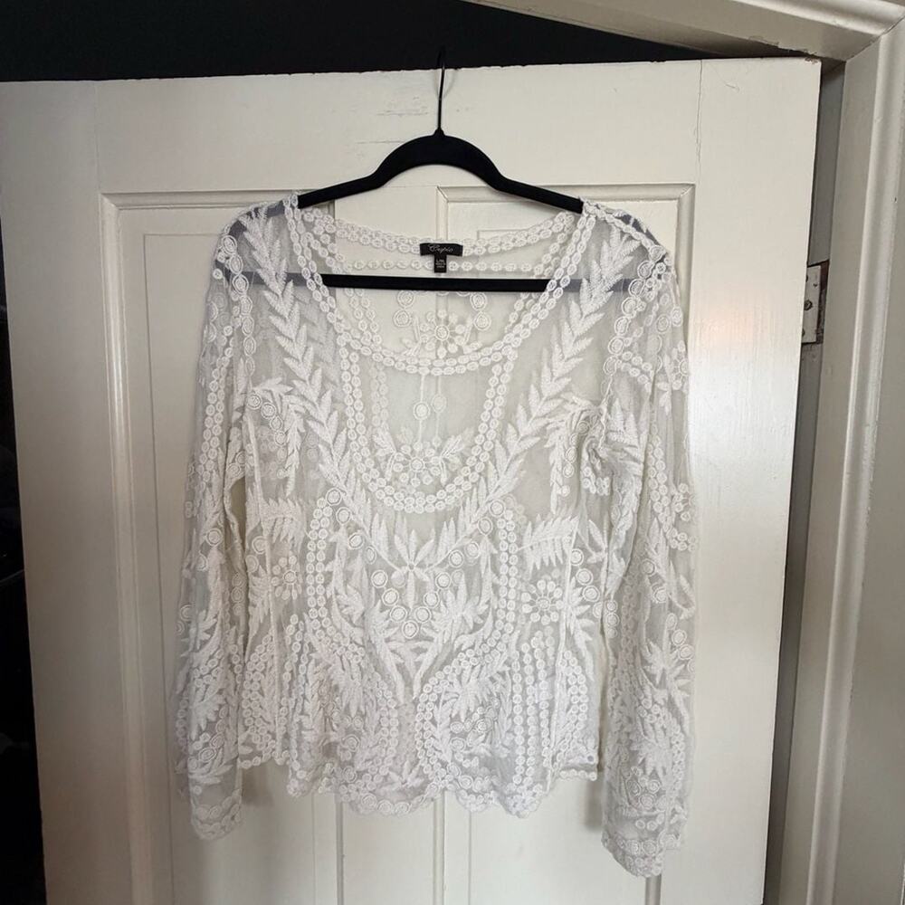 Cupio White Sheer Floral Lace Embroidered Mesh Long Sleeve Top